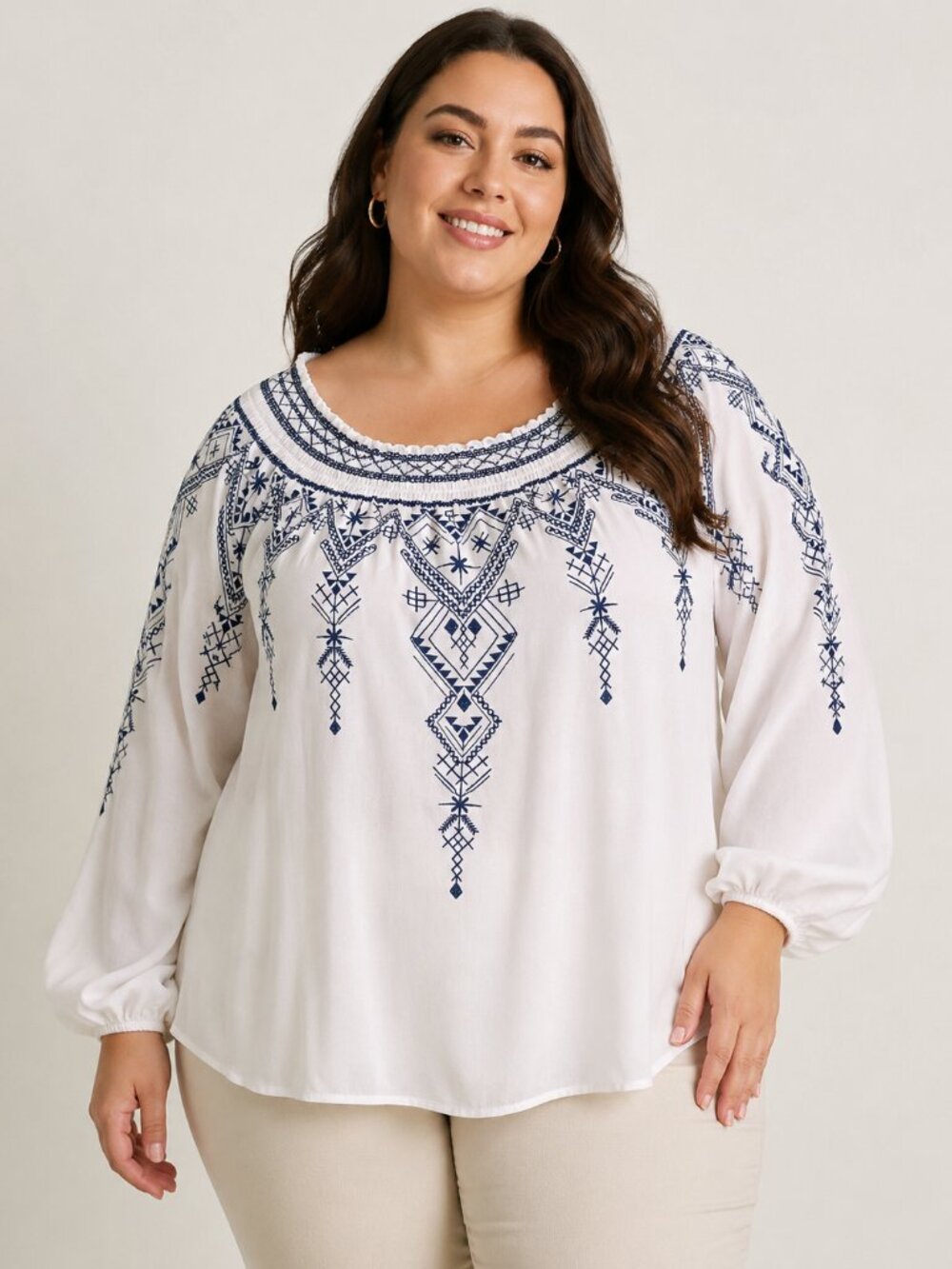 Reba Woman 3X White Blue Embroidered Peasant Blouse Boho Off Shoulder Rayon Top